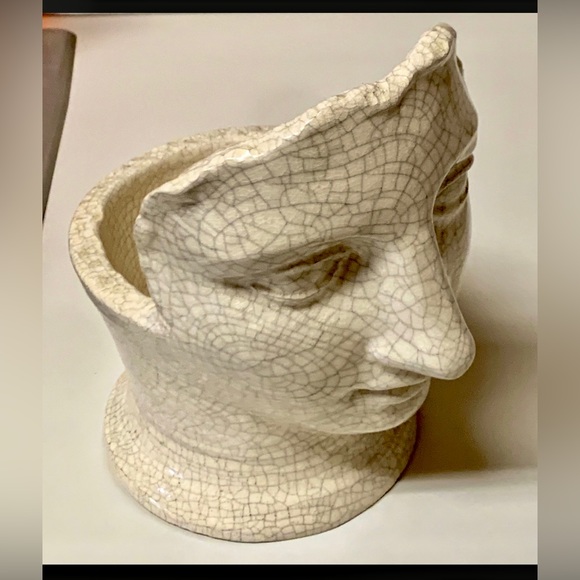 Vintage Glazed Pottery Greco Roman Androgynous Face Archaic Smile Planter Vase - Picture 5 of 11